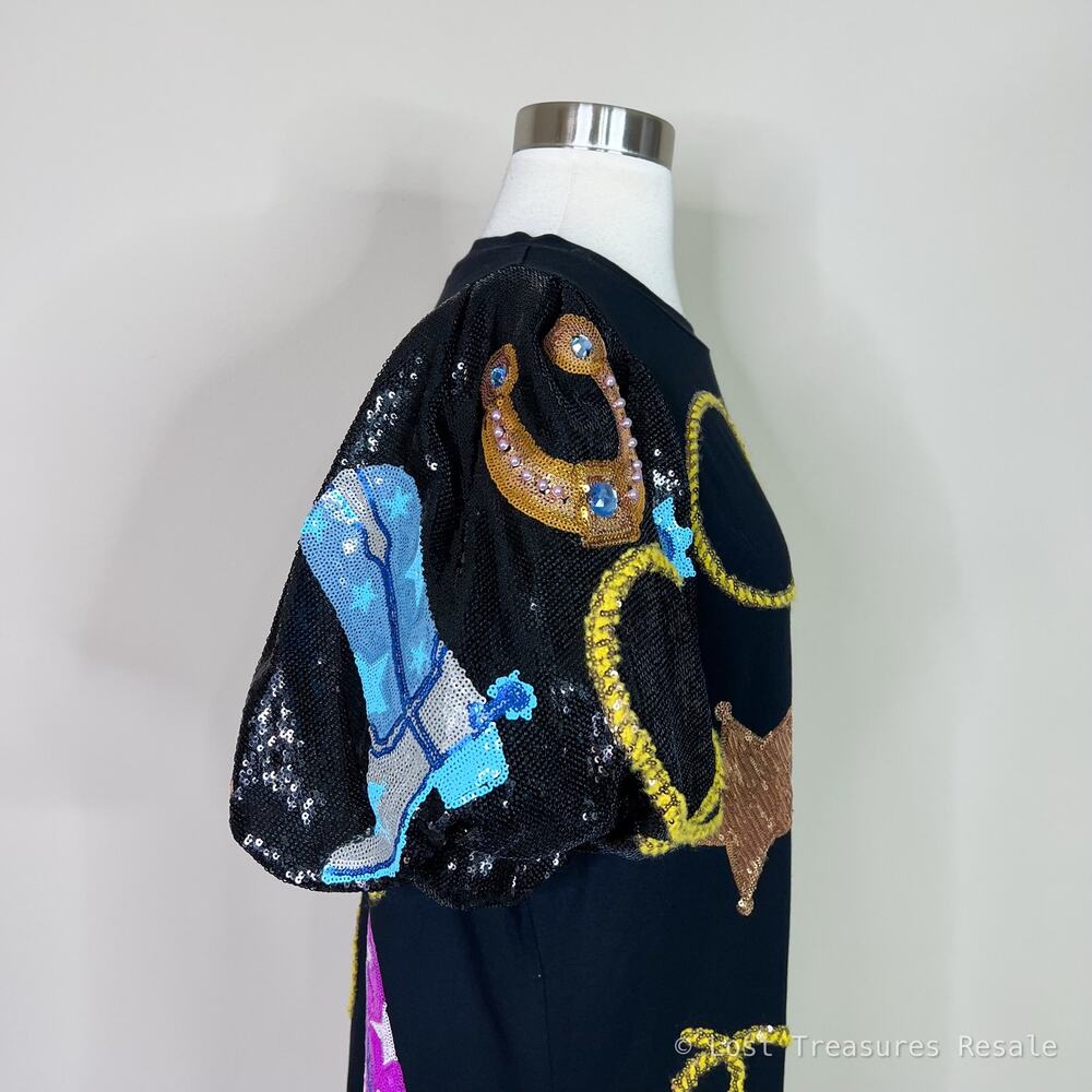 Queen of Sparkles | Cowgirl Western Rodeo Black Sequin Puff Sleeve Mini Dress L - Picture 6 of 12